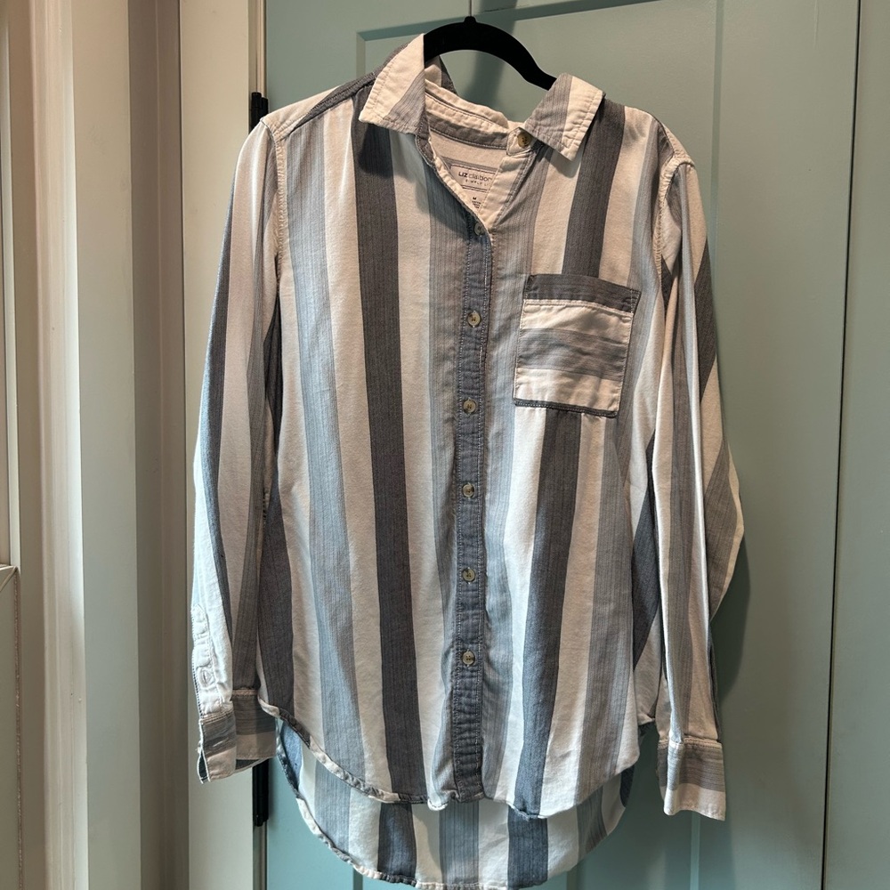 Liz Claiborne Gray and White Striped Button-Down Shirt